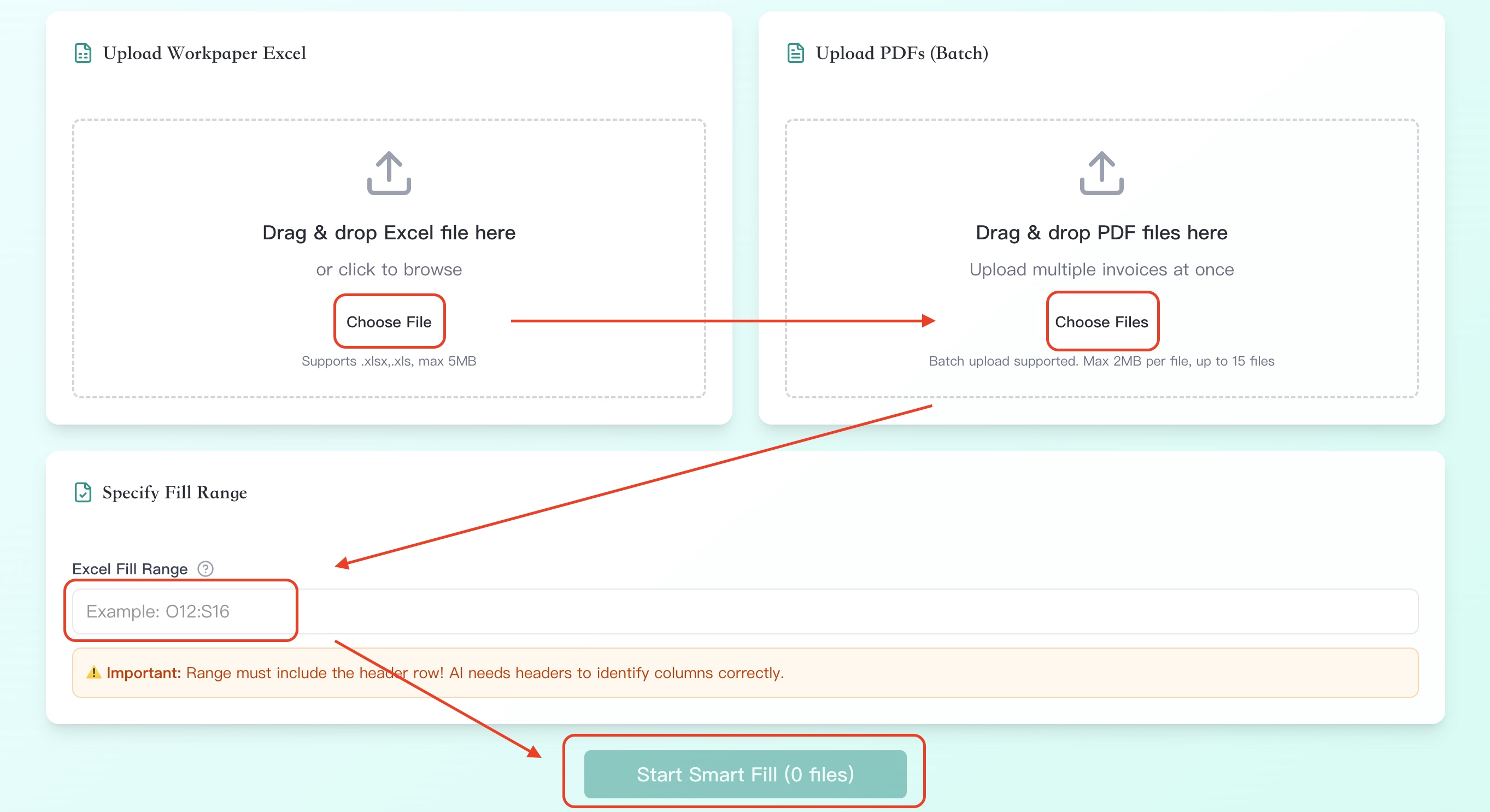 Upload and start Smart Fill interface